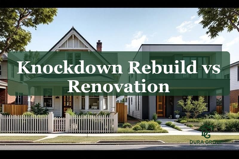 Older weatherboard home next to a modern new build showing knockdown rebuild comparison