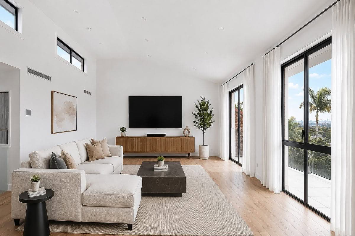 Living room renovation with raked ceiling and clerestory windows