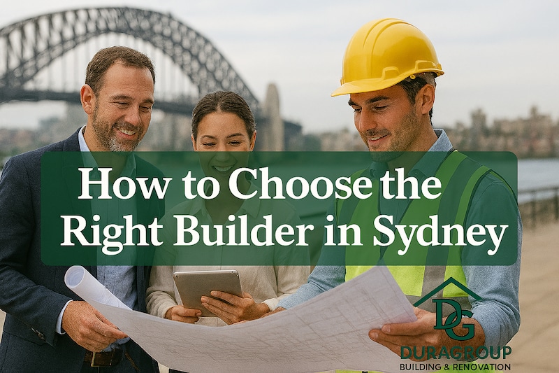 Sydney builders with construction plans by the harbor