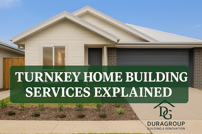 Modern home exterior with text: Turnkey Home Building Services Explained